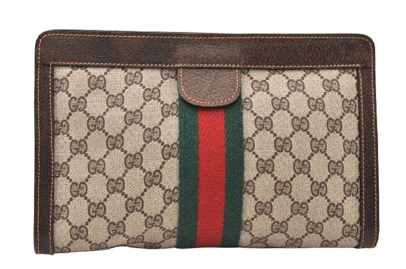 Gucci tote bags for women with a printed Gucci logoAuthentic GUCCI Web Sherry Line Clutch Hand Bag Purse GG PVC Leather Brown 5684K