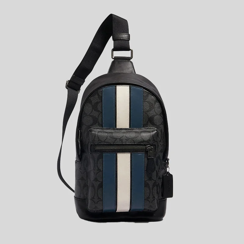 Coach bags with a patent - leather finish for a shiny and sophisticated appearanceCOACH West Pack In Signature Canvas With Varsity Stripe Charcoal Denim Chalk 2999