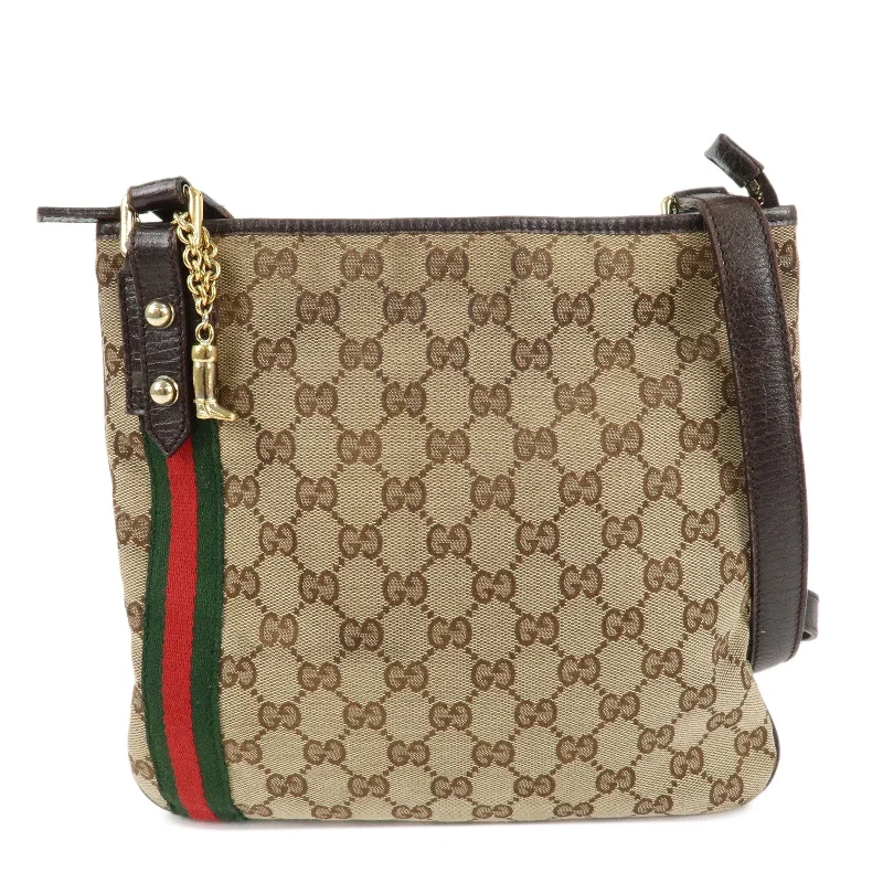 Ladies Gucci shoulder bags with a wide - width strapGUCCI Sherry GG Canvas Leather Shoulder Bag Beige Brown 144388