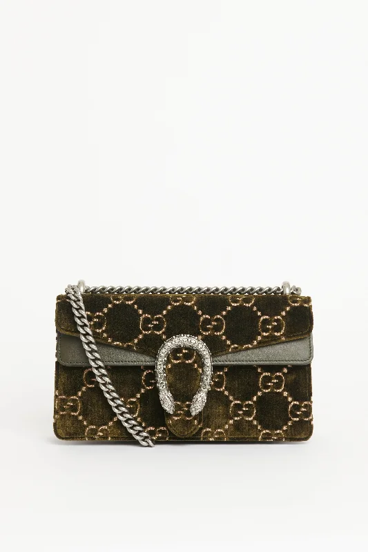 Ladies Gucci Dionysus bags with a detachable shoulder strapOlive Green Velvet Preowned Monogram Dionysus Shoulder Bag