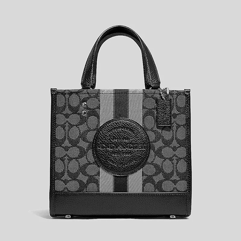 Coach bags with a front - zip pocket for small items like keys and cardsCoach Dempsey Tote 22 In Signature Jacquard With Stripe And Coach Patch Smoke Black Multi C8417