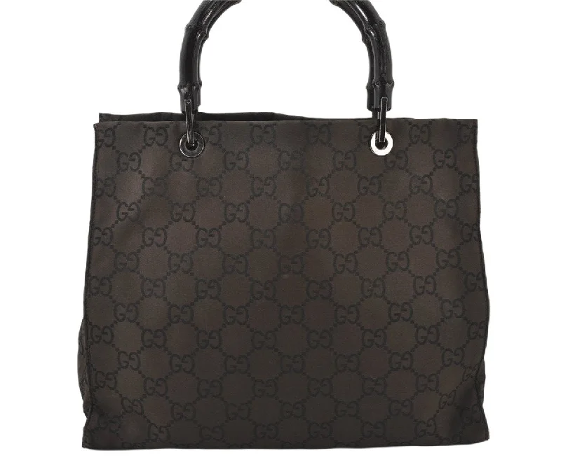 Gucci tote bags for women with a water - resistant coatingAuthentic GUCCI Bamboo Hand Bag GG Nylon Leather 0021010 Black Brown 5711K