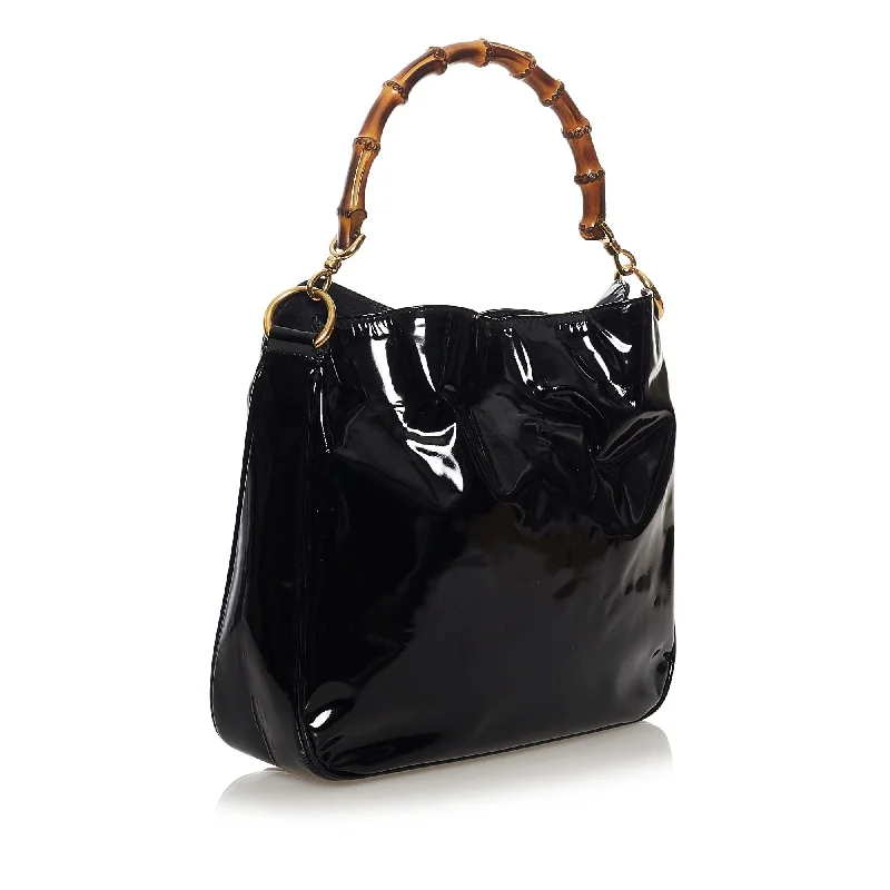 Women Gucci bags with a detachable mobile phone holderGucci Bamboo Patent Leather Satchel (33215)