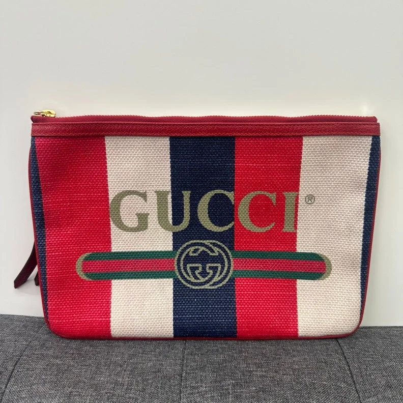 Women Gucci bags with a chain - link trim and a leather bodyGucci Canvas Leather Clutch Red, White, Blue Stripes 8"x11" Zipper Closure Clutch Bag