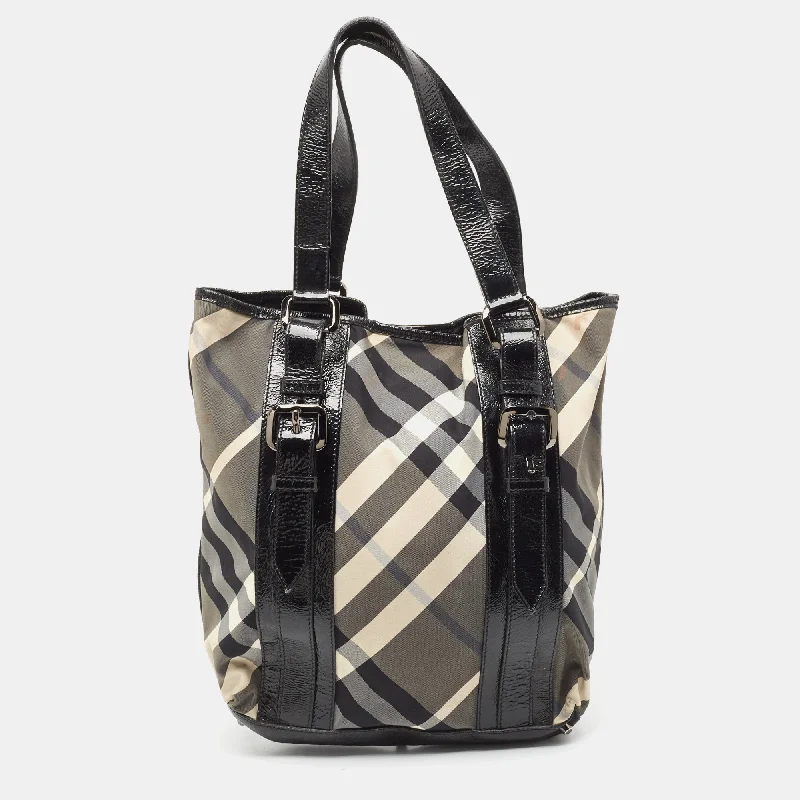 Durable Burberry Canvas Bags for Everyday UseBlack Beat Check Nylon and Patent Leather Victoria Tote