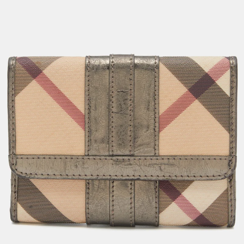 Easy - to - Clean Burberry Bags for Busy LifestylesMetallic/Beige Nova Check PVC and Patent Leather French Wallet