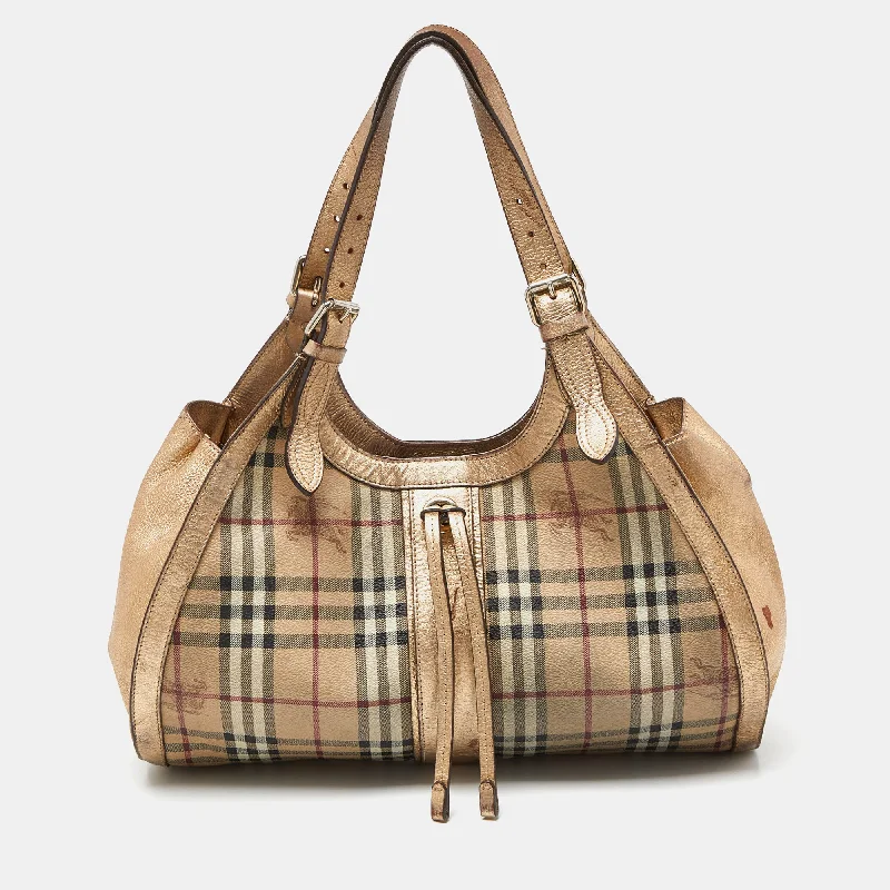 Soft Leather Burberry Duffel Bags for Weekend TripsBeige/Gold Haymarket Check PVC and Leather Hobo