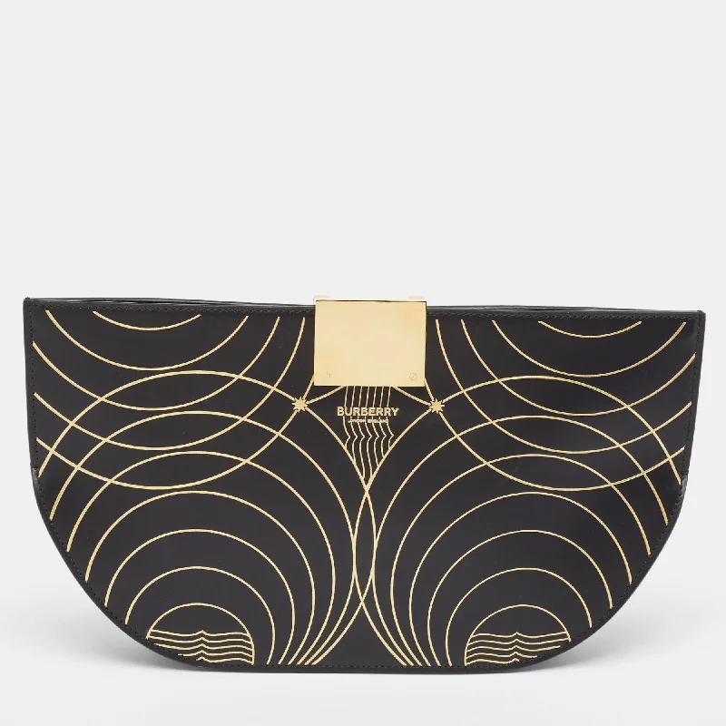 Metallic Finish Burberry Bags for a Glam LookBlack/Gold Printed Leather Olympia Wristlet Clutch