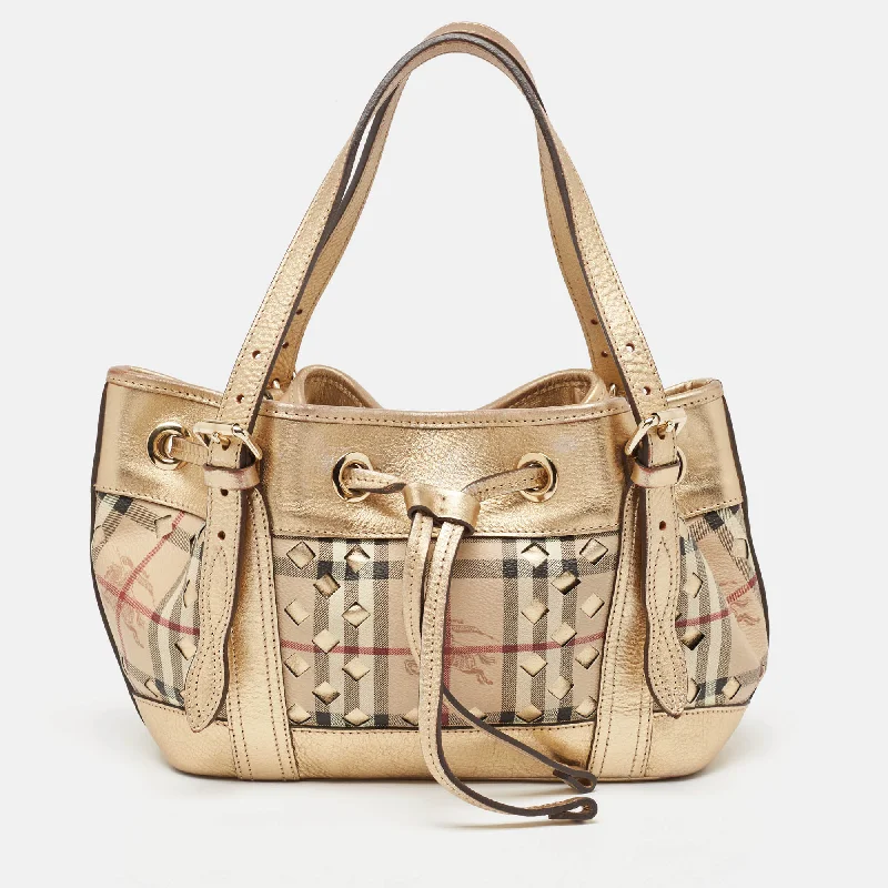 Affordable Replica - Looking Burberry BagsGold/Beige Haymarket Check Laser Cut Coated Canvas and Leather Drawstring Tote