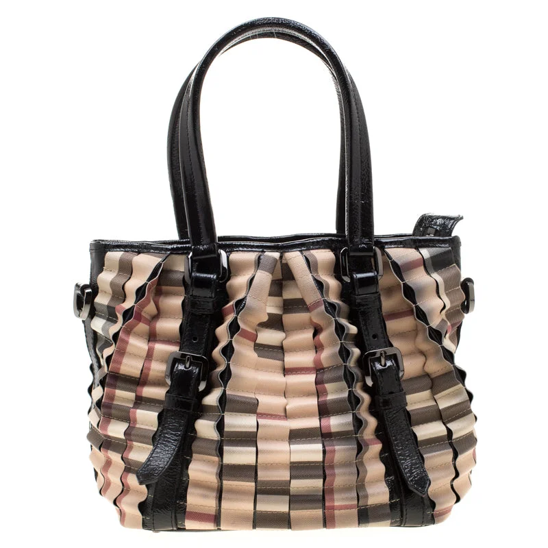 Metallic Finish Burberry Bags for a Glam LookBlack/Beige Nova Check PVC and Patent Leather Cartridge Pleat Tote