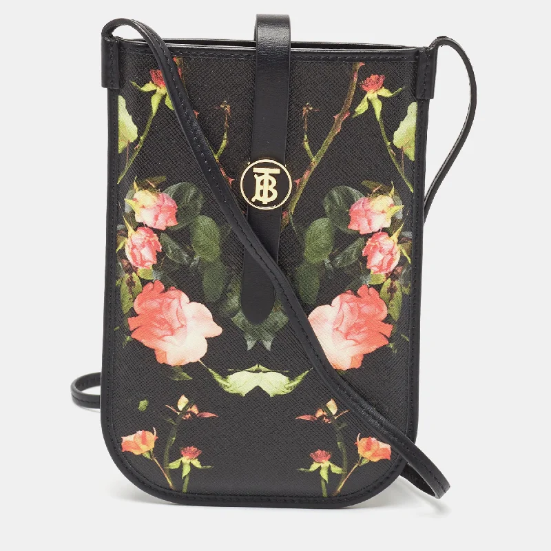 Burberry Bags with Antique - Style HardwareBlack Floral Print Coated Canvas Anne Phone Pouch with Strap