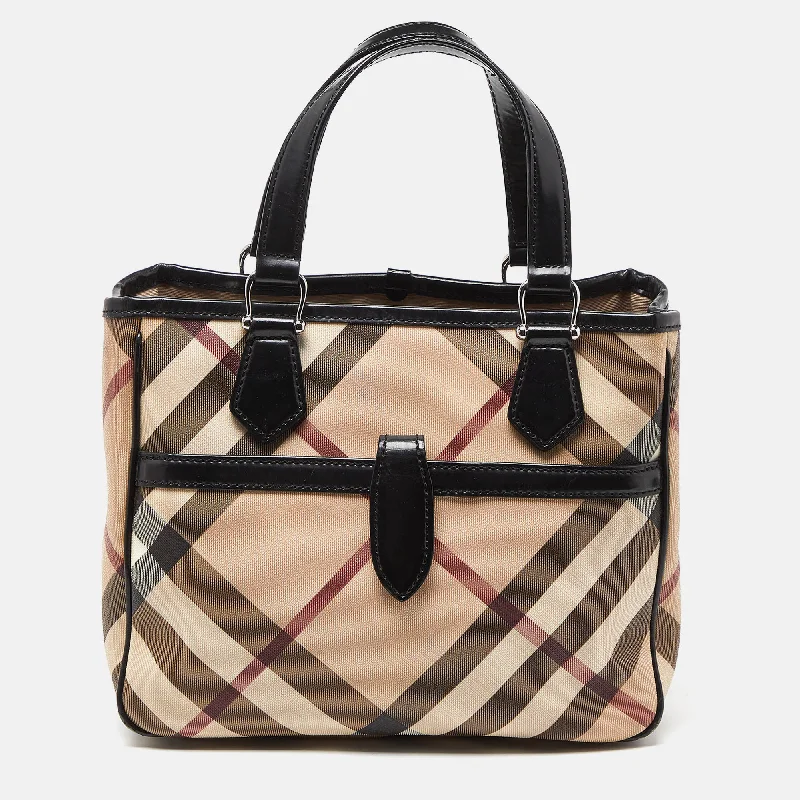 Burberry Bags with Reflective Elements for SafetyBeige/Black Super Nova Check PVC and Patent Leather Tote