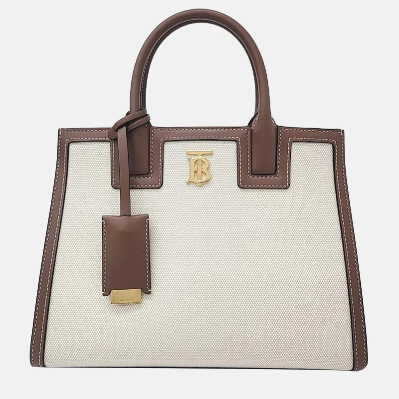 Burberry Bags with Interior Organizers for Easy SortingIvory/Brown Leather and Canvas Mini Frances Tote Bag