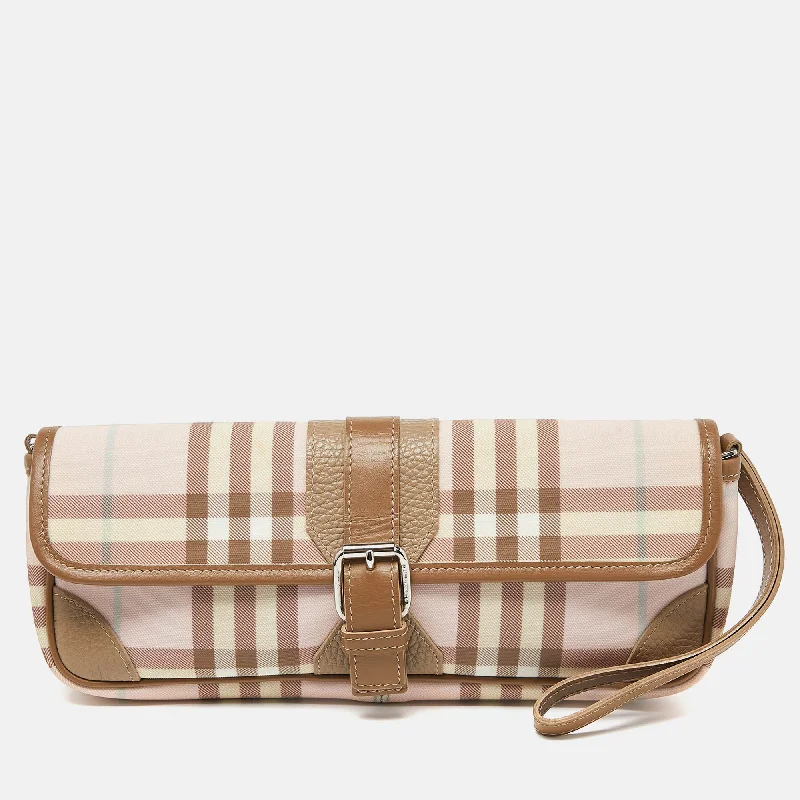 Adjustable Strap Burberry Messenger BagsPink/Beige House Check PVC and Leather Buckle Flap Wristlet Clutch