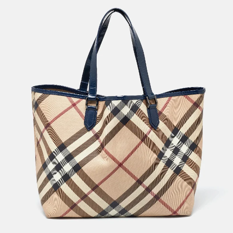 Foldable Burberry Shopping Bags for ConvenienceBeige/Blue Nova Check PVC and Patent Leather Shopper Tote