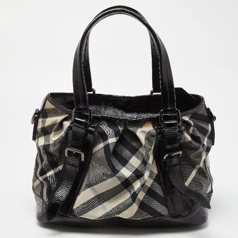 Light - Colored Burberry Bags for Spring and SummerBlack/Grey Beat Check Canvas and Patent Leather Lowry Tote