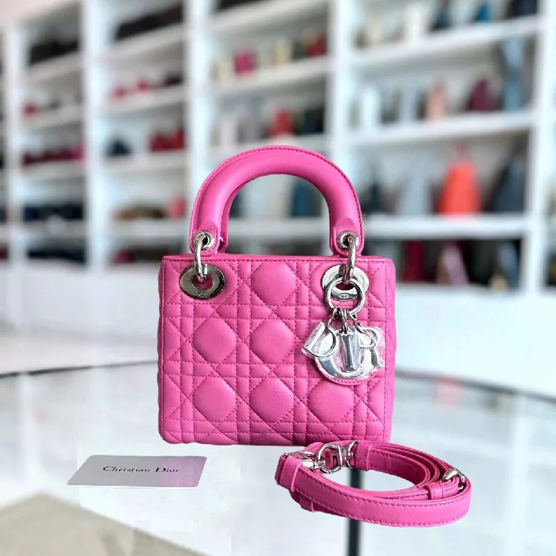 Christian Dior handbags with a detachable mirror for on - the - go touch - ups*Adjustable Strap* Lady Mini Cannage Lambskin Barbie Pink Silver Hardware