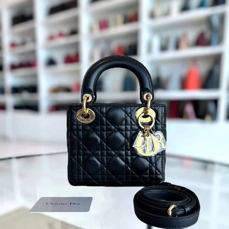 High - fashion Christian Dior bags with a geometric pattern*Adjustable Strap* Lady Mini Cannage Lambskin Black Golden Hardware