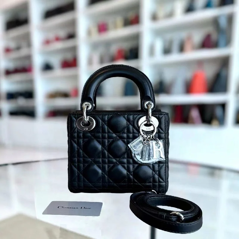 Christian Dior Saddle bags with a patent leather finish for a shiny look*Adjustable Strap* Lady Mini Cannage Lambskin Black Silver Hardware