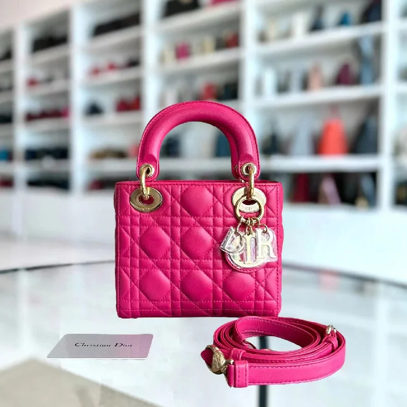 Christian Dior handbags with a detachable mirror for on - the - go touch - ups*Adjustable Strap* Lady Mini Cannage Lambskin Hot Pink Golden Hardware