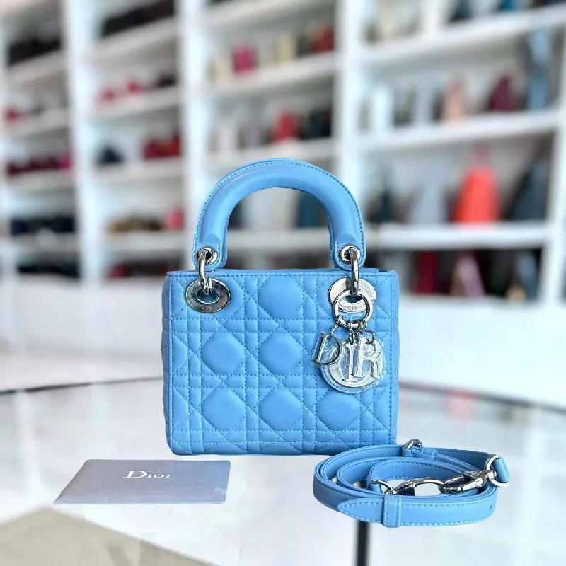 Christian Dior Saddle bags with a studded trim for a bold look*Adjustable Strap* Lady Mini Cannage Lambskin Sky Blue Silver Hardware