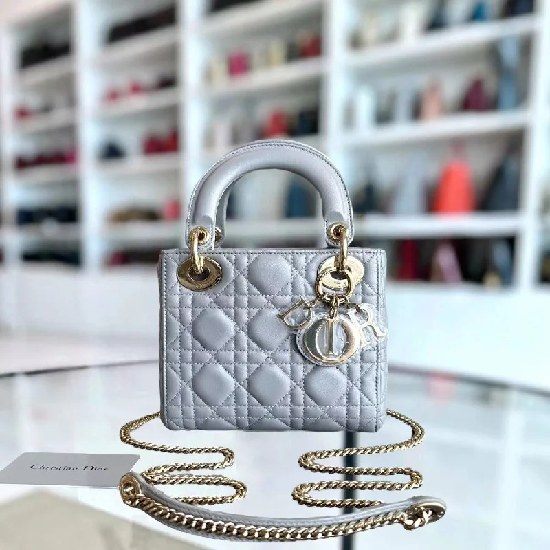 Christian Dior bags with a quilted pattern and gold - toned hardware*Chain Strap* Lady Mini Cannage Lambskin Light Grey Gray Golden Hardware