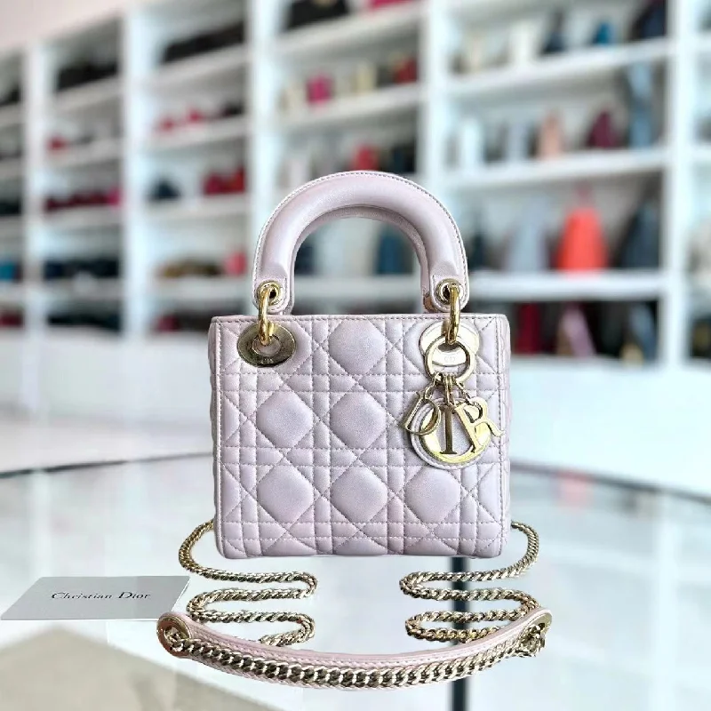 Christian Dior Saddle bags with a studded trim for a bold look*Chain Version* Lady Mini Cannage Lambskin Iridescent Sakura Pink Golden Hardware