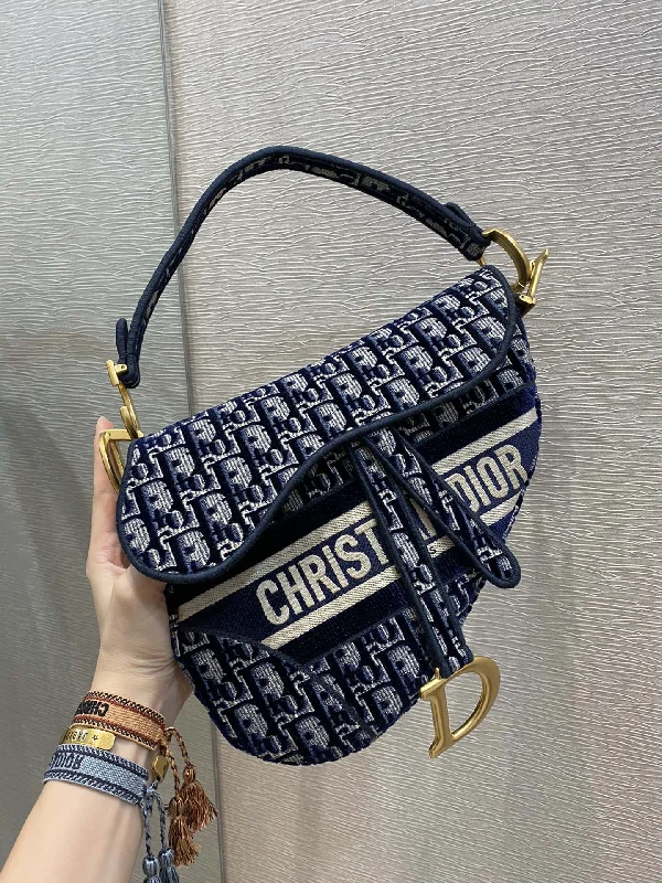 Luxury Christian Dior crossbody bags with a chain - link strapChristian Dior Saddle Bag Blue Oblique Canvas Gold Toned Hardware