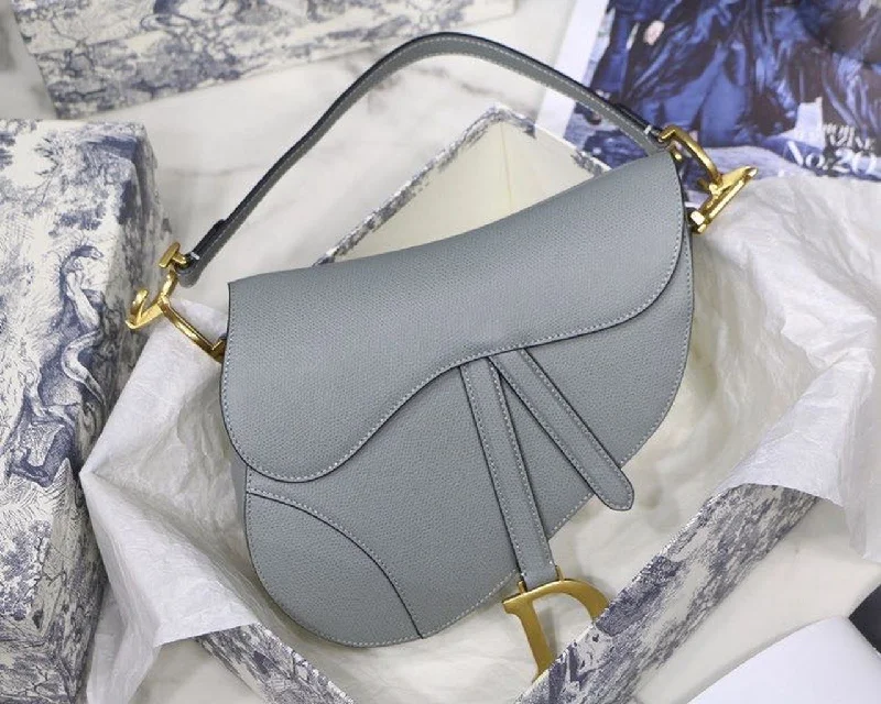 Luxury Christian Dior crossbody bags with a chain - link strapChristian Dior Saddle Bag Light Blue Grained Gold Toned Hardware