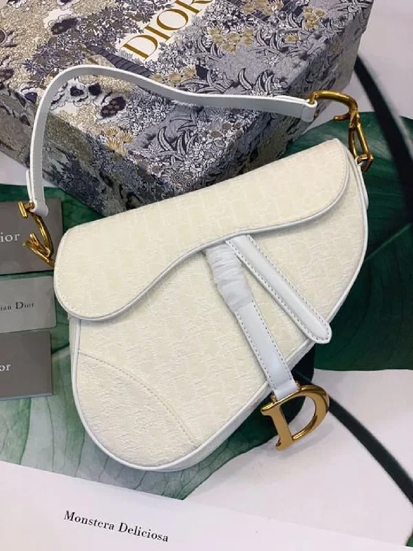 Christian Dior handbags with a removable shoulder strap for versatilityChristian Dior Saddle Bag White Oblique Embroidered Canvas Gold Toned Hardware