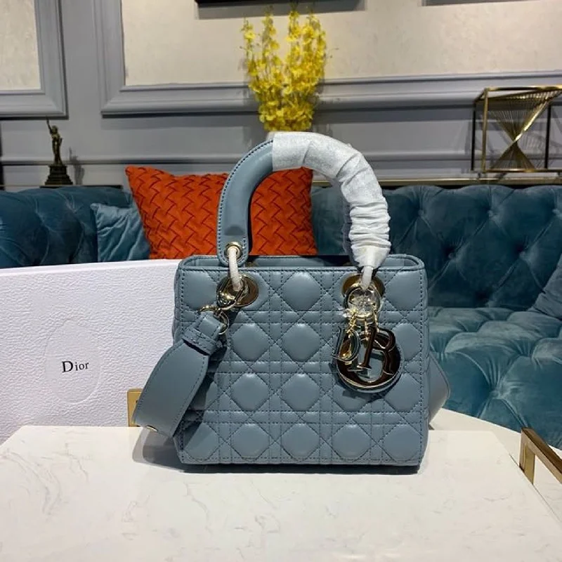 Christian Dior handbags with a snap - button closure and a decorative buckleChristian Dior Small Lady Bag Gold Toned Hardware Clound Blue