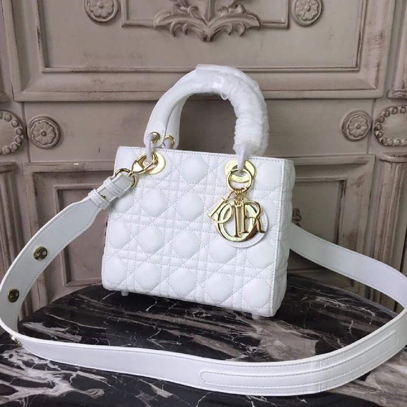 High - fashion Christian Dior bags with a geometric patternChristian Dior Small Lady Bag Gold Toned Hardware White