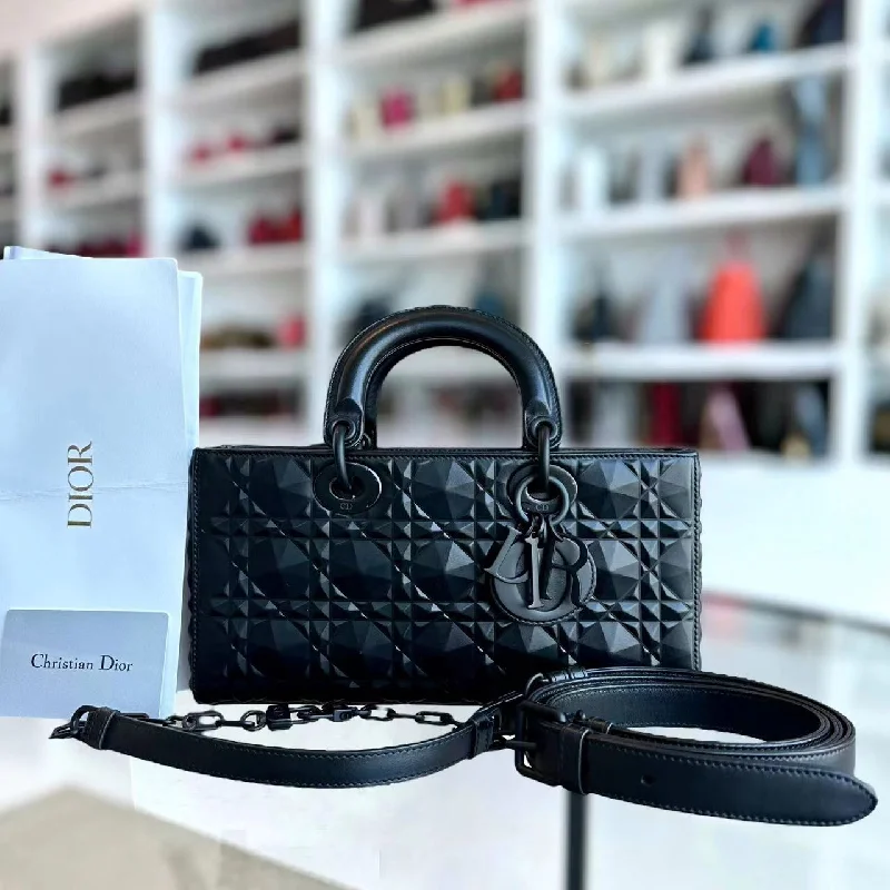 Christian Dior handbags with a removable shoulder strap for versatility*Full Set, Receipt* D-Joy Medium All Black Dimond Motif Cannage Calfskin Top Handle Black Hardware