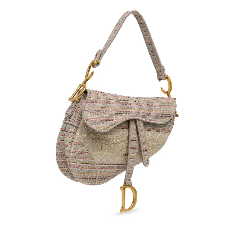 Christian Dior handbags with a snap - button closure and a decorative buckleDior Embroidered Canvas Stripes Saddle Bag (QrmhiD)