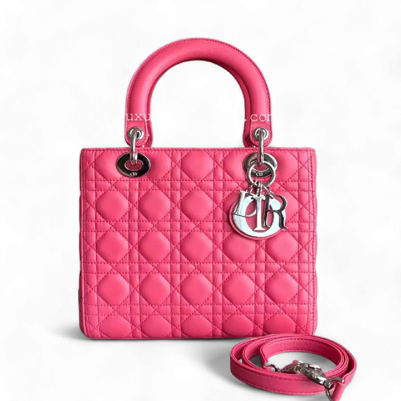 Christian Dior handbags with a snap - button closure and a decorative buckleDior Lady Medium - Cannage Lambskin Hot Pink Handbag Silver Hardware