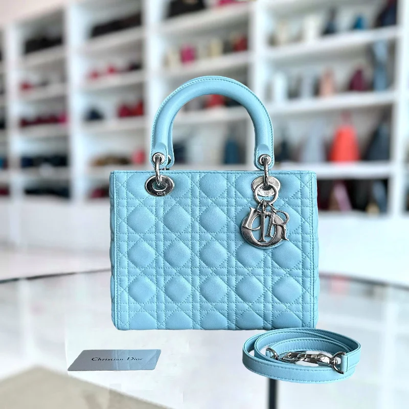 Christian Dior bags with a side - pocket for holding a water bottleLady Medium Cannage Lambskin Light Blue Silver Hardware