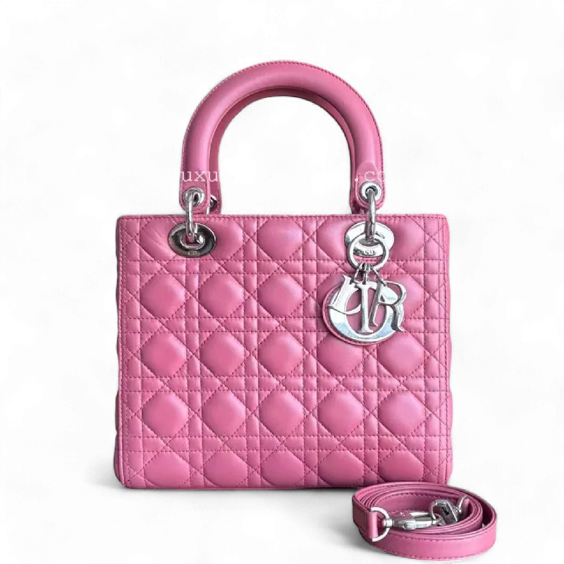 Christian Dior tote bags with a printed Dior logo on the frontDior Lady Medium - Cannage Lambskin Pink Silver Hardware