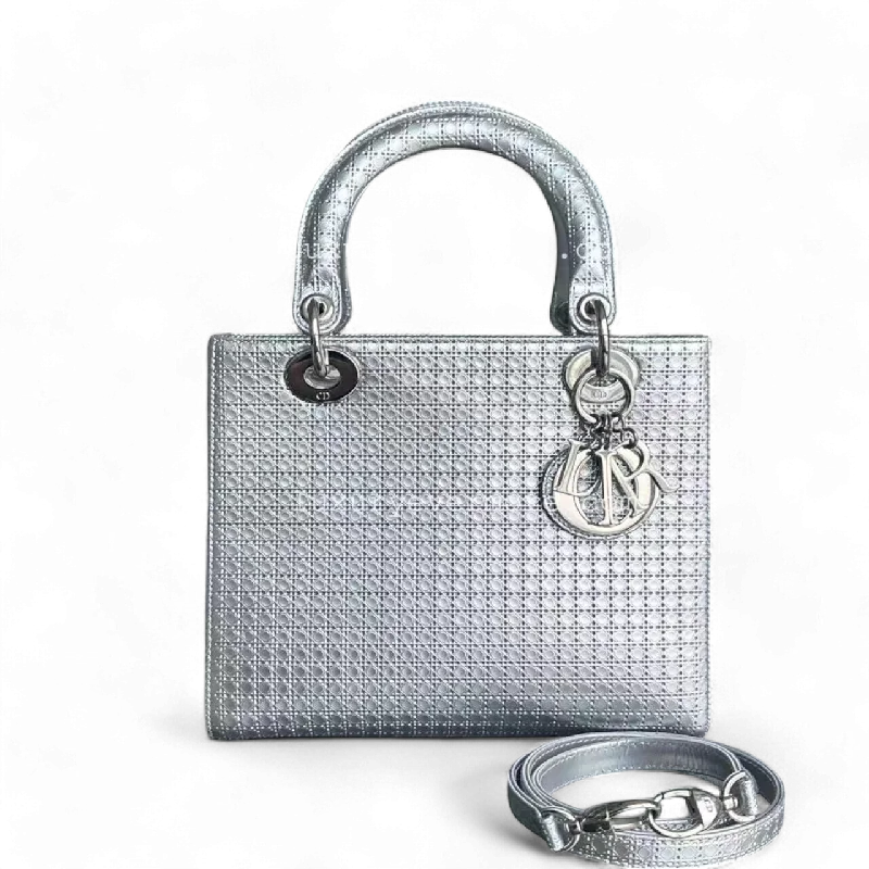 Christian Dior tote bags with a printed Dior logo on the frontDior Lady Medium - Metallic Micro-cannage Silver Hardware