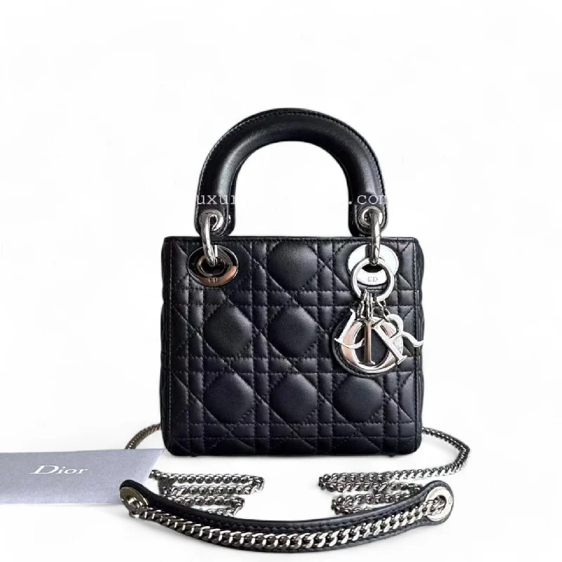 Trendsetting Christian Dior crossbody bags with a colorful strapDior Lady Mini - Cannage Lambskin Black Silver Hardware Chain Strap