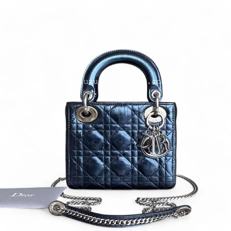 High - fashion Christian Dior bags with a geometric patternDior Lady Mini - Glazed Calfskin Metallic Blue Silver Palladium Hardware