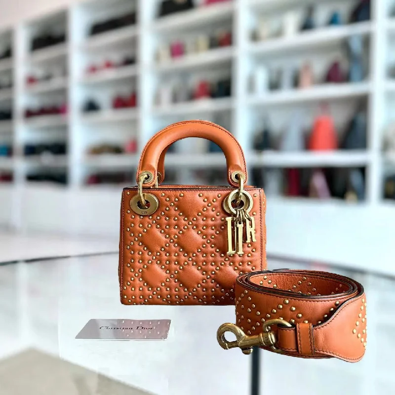 Christian Dior handbags with a removable shoulder strap for versatilityLady Mini Studded Calfskin Caramel Golden Hardware