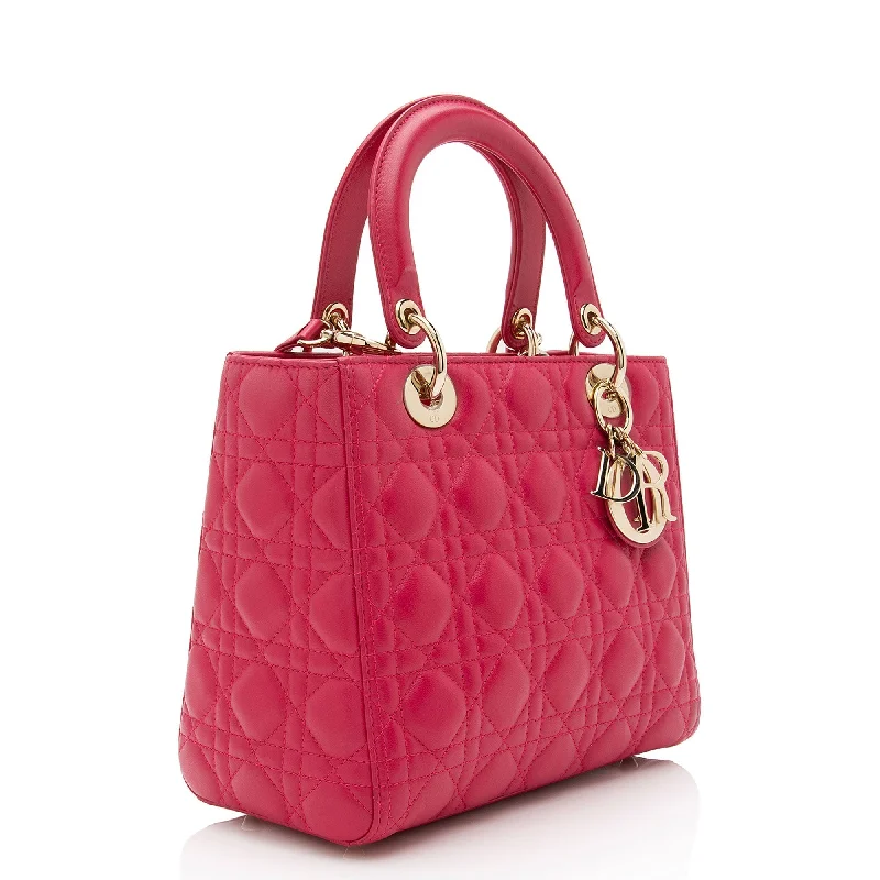 Christian Dior handbags with a snap - button closure and a decorative buckleDior Lambskin Lady Dior Medium Tote (SHF-kYzD71)