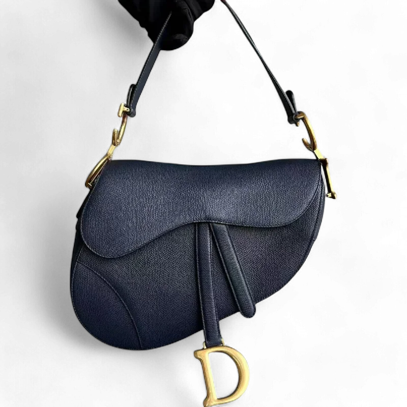 Christian Dior crossbody bags with a front - flap pocket for easy accessDior Saddle Medium Grained Calfskin Dark Blue Golden Hardware