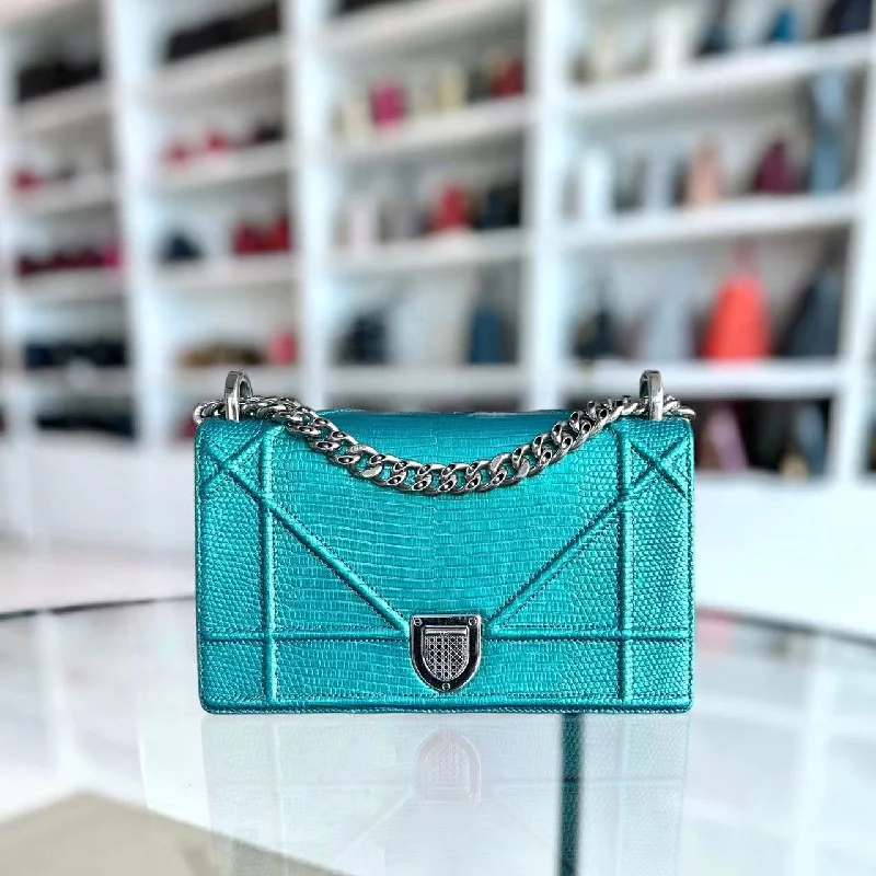 Christian Dior bags with a zip - top closure and multiple compartments*Exotic* Diorama AMA Small Lizard Skin Green Blue Silver Hardware