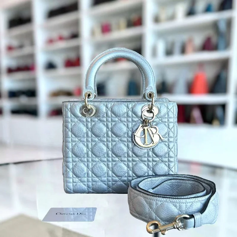 Christian Dior handbags with a back - pocket for quick storage*Flap Version* Lady Medium Cannage Metallic Aged Calfskin Silver Golden Hardware