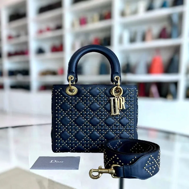 Christian Dior bags with a quilted pattern and gold - toned hardware*Flap Version* Lady Medium Studded Calfskin Dark Blue Golden Hardware