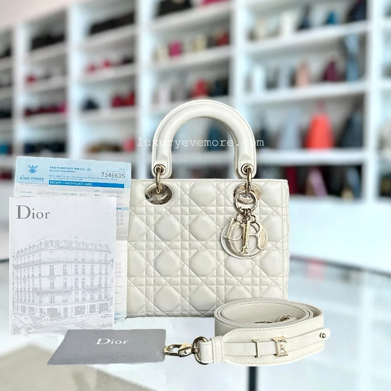 Christian Dior tote bags with a double - handle and shoulder - strap option*Full Set, Receipt, ABC Strap* Lady Small Cannage Lambskin Cream White Light Golden Hardware ABC Strap MyABC