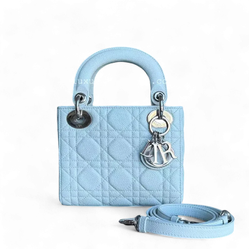 Christian Dior Saddle bags with a patent leather finish for a shiny look*Rare Caviar* Dior Lady Mini - Cannage Grained Calfskin Glacier White Ice Blue Silver Hardware Adjustable Strap