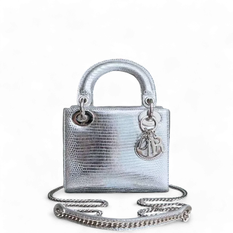 Christian Dior handbags with a detachable mirror for on - the - go touch - ups*Rare* Dior Lady Mini - Lizard Silver Metallic Limited Edition Chain Strap Silver Hardware