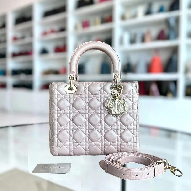 Christian Dior bags with a side - pocket for holding a water bottle*Adjustable strap*  Lady Medium Cannage Lambskin Iridescent Sakura Pink GHW